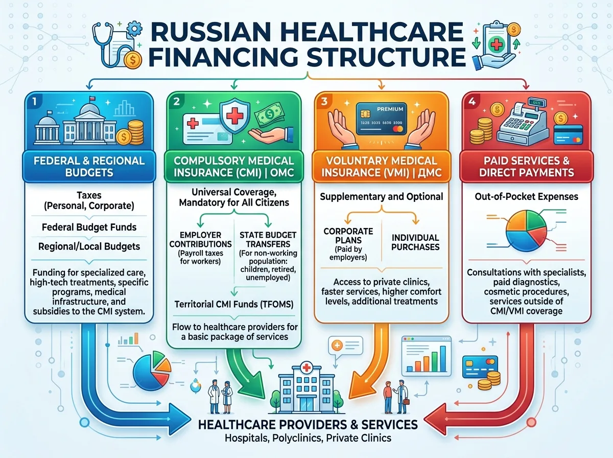 Инфографика структуры финансирования российского здравоохранения — бюджет, ОМС, ДМС и платные услуги