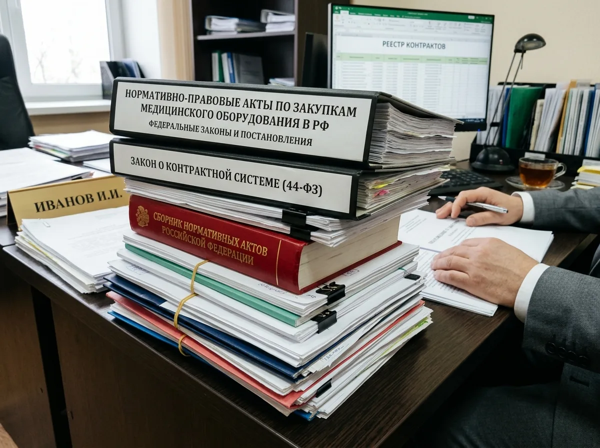 Документы и нормативные акты о закупках медицинского оборудования в России, стопка законов и постановлений на рабочем столе чиновника